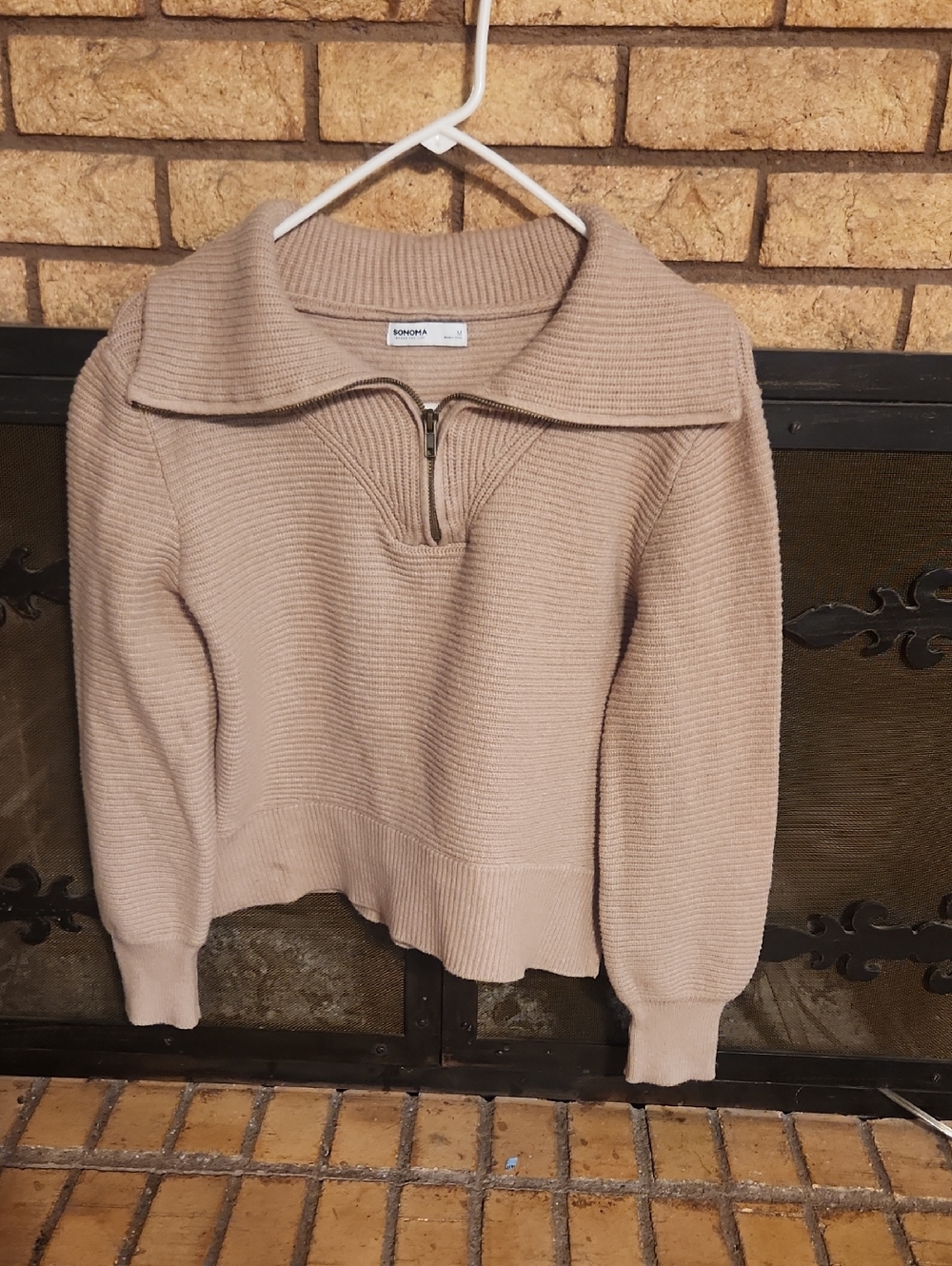 Sonoma Beige Ribbed Half-Zip Cowl Sweater